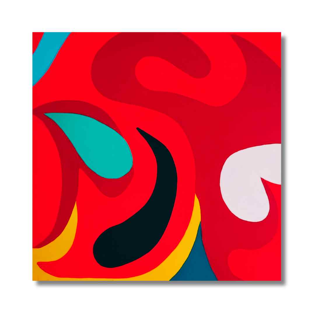 "Oxygène 11" by Lenon B, a vibrant acrylic canvas featuring bold colors and sweeping curves inspired by the 70s.