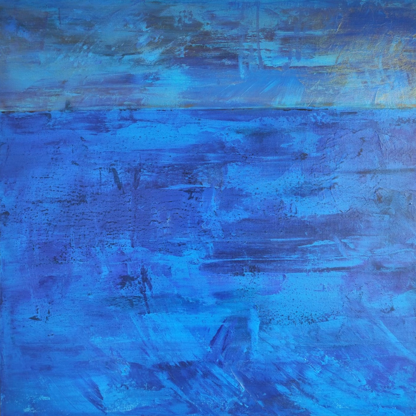 "Silent Waves" by Lenon B, a serene 60x60 cm acrylic painting with soft blue hues that captures the calm of the sea.