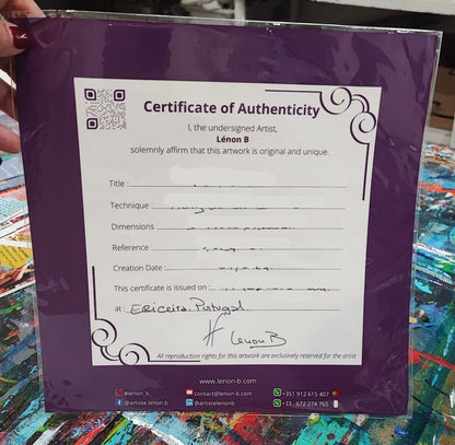 Artist Lenon B's authenticity certificate for certified original artworks