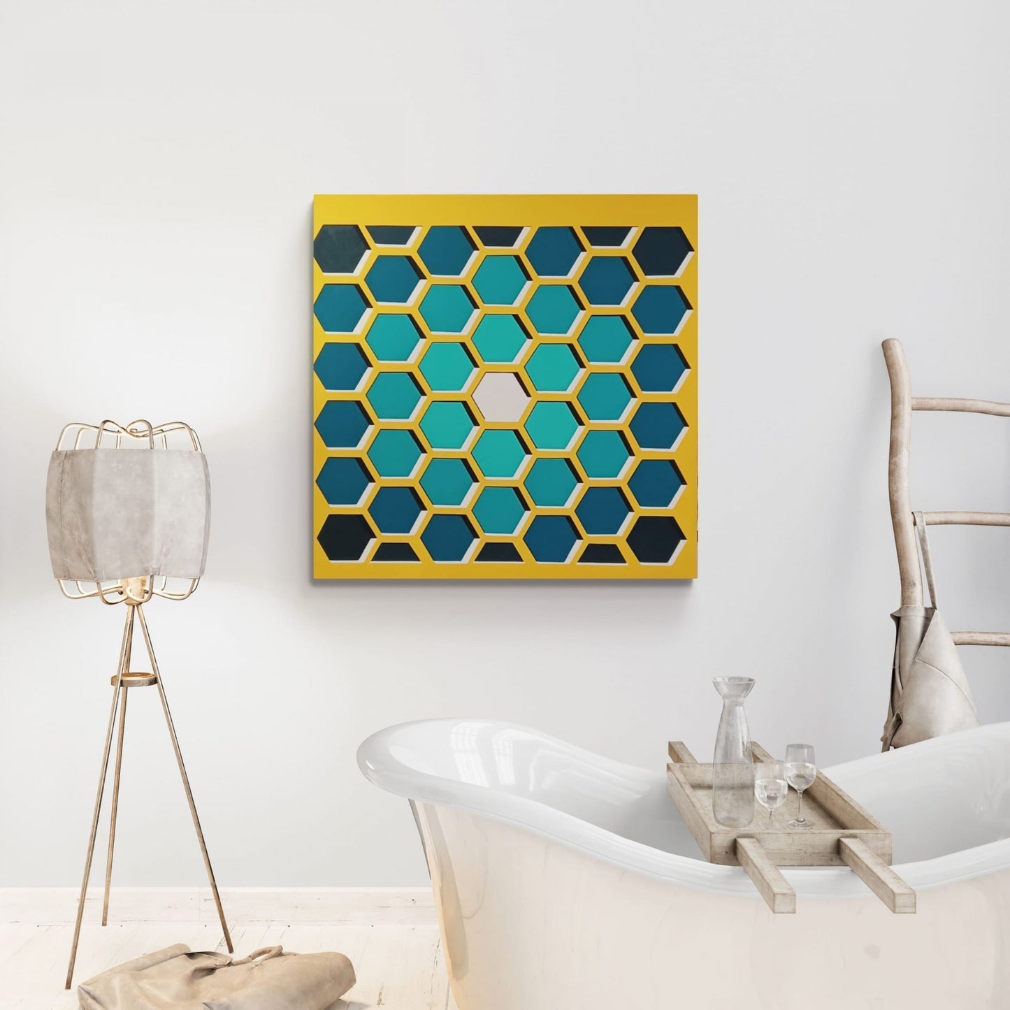 80 cm x 80 cm acrylic painting "Les Mallons Bleus" by Lenon B, featuring vibrant blue and yellow hues.