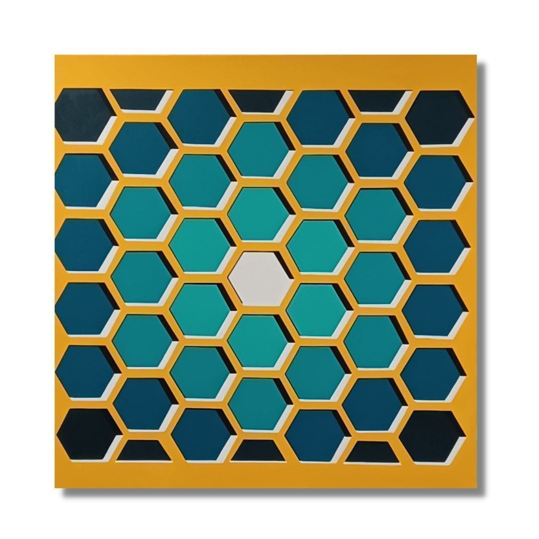 "Les Mallons Bleus" by Lenon B, an abstract painting with blue hexagons on a yellow background.