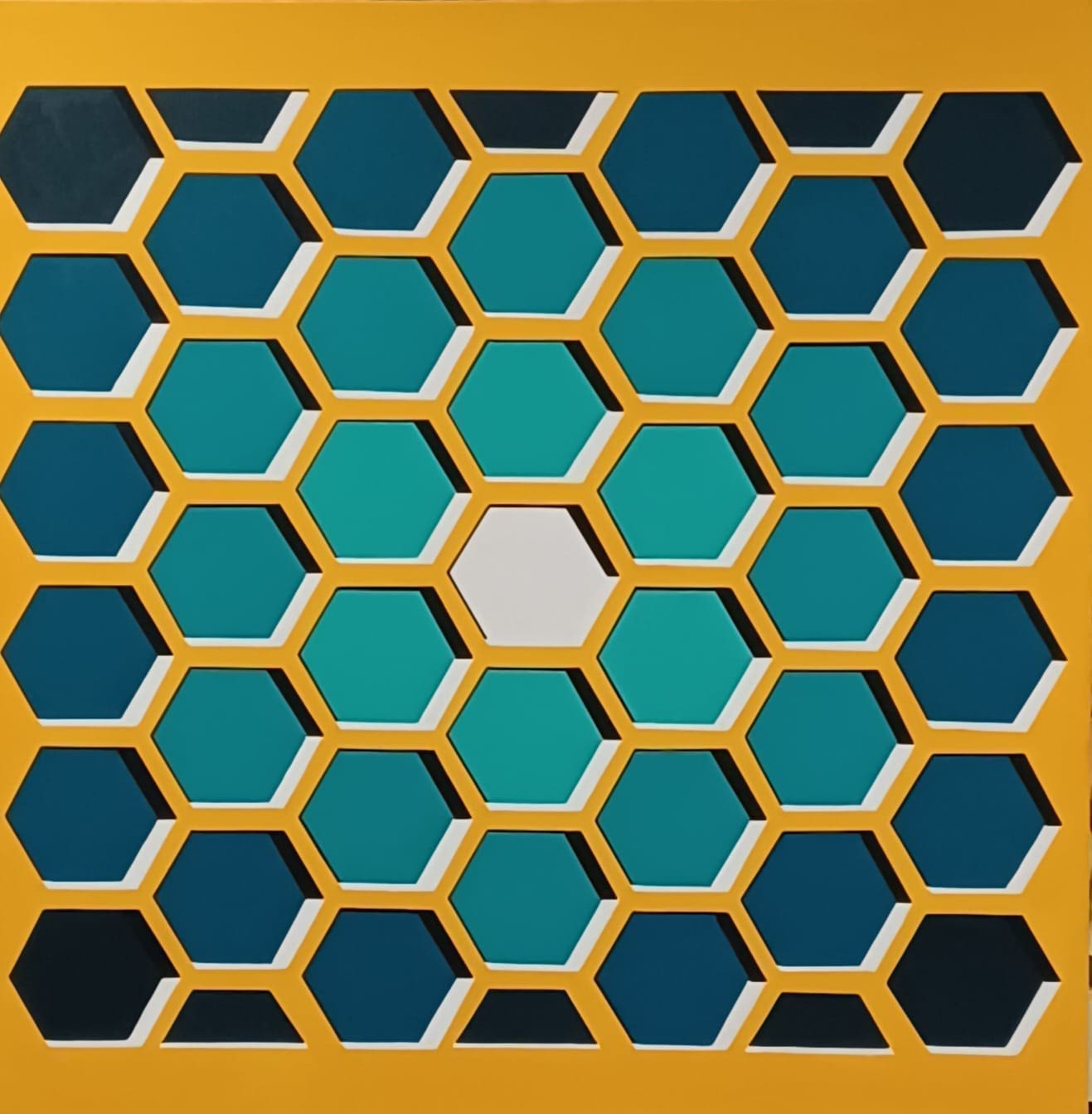 "Les Mallons Bleus" by Lenon B, an acrylic painting showcasing a sunny yellow background and blue hexagons.