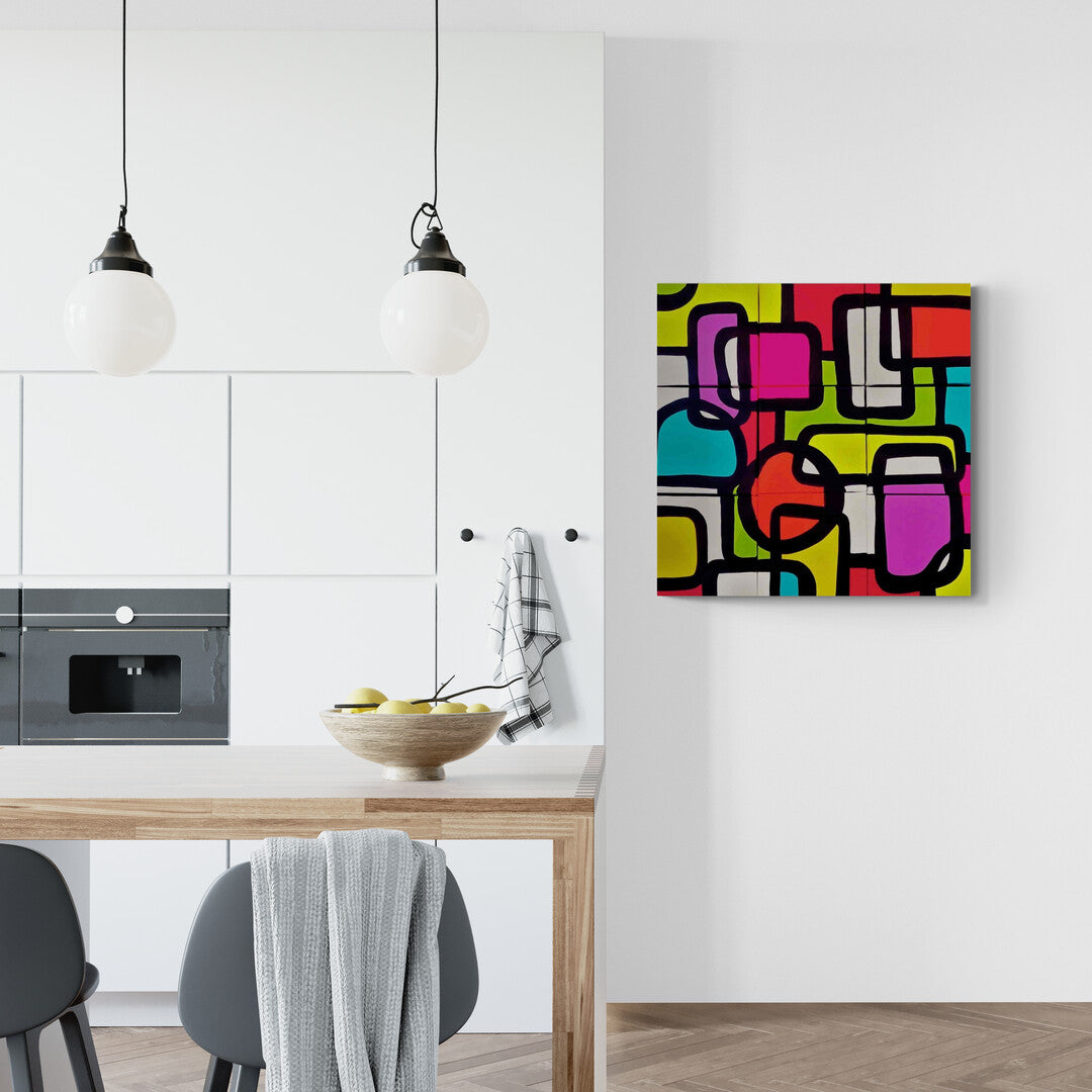 80 cm x 80 cm acrylic artwork "Les Terrasses du Port" by Lenon B, featuring colorful geometric designs.