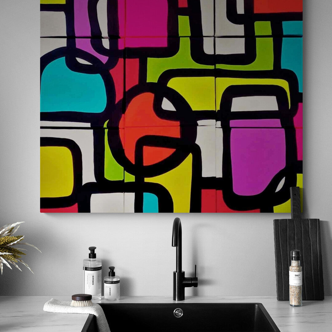 "Les Terrasses du Port" by Lenon B, a geometric composition with bright colors and deep black lines.