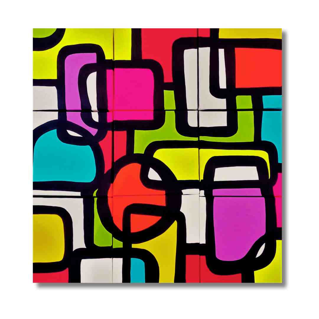 "Les Terrasses du Port" by Lenon B, a retro pop painting with vibrant colors.