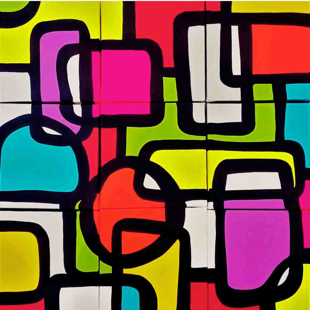 Vibrant 70s-inspired artwork "Les Terrasses du Port" by Lenon B, a colorful pop art piece.