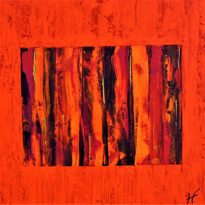 Bold abstract painting "Lisa" by Lenon B, featuring vibrant vertical lines on a passionate red background.