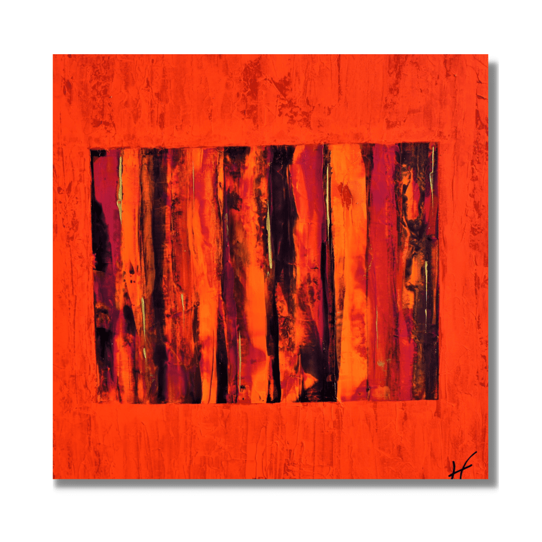 "Lisa" by Lenon B, a 60 cm x 60 cm abstract painting in shades of red, featuring vibrant vertical color lines.