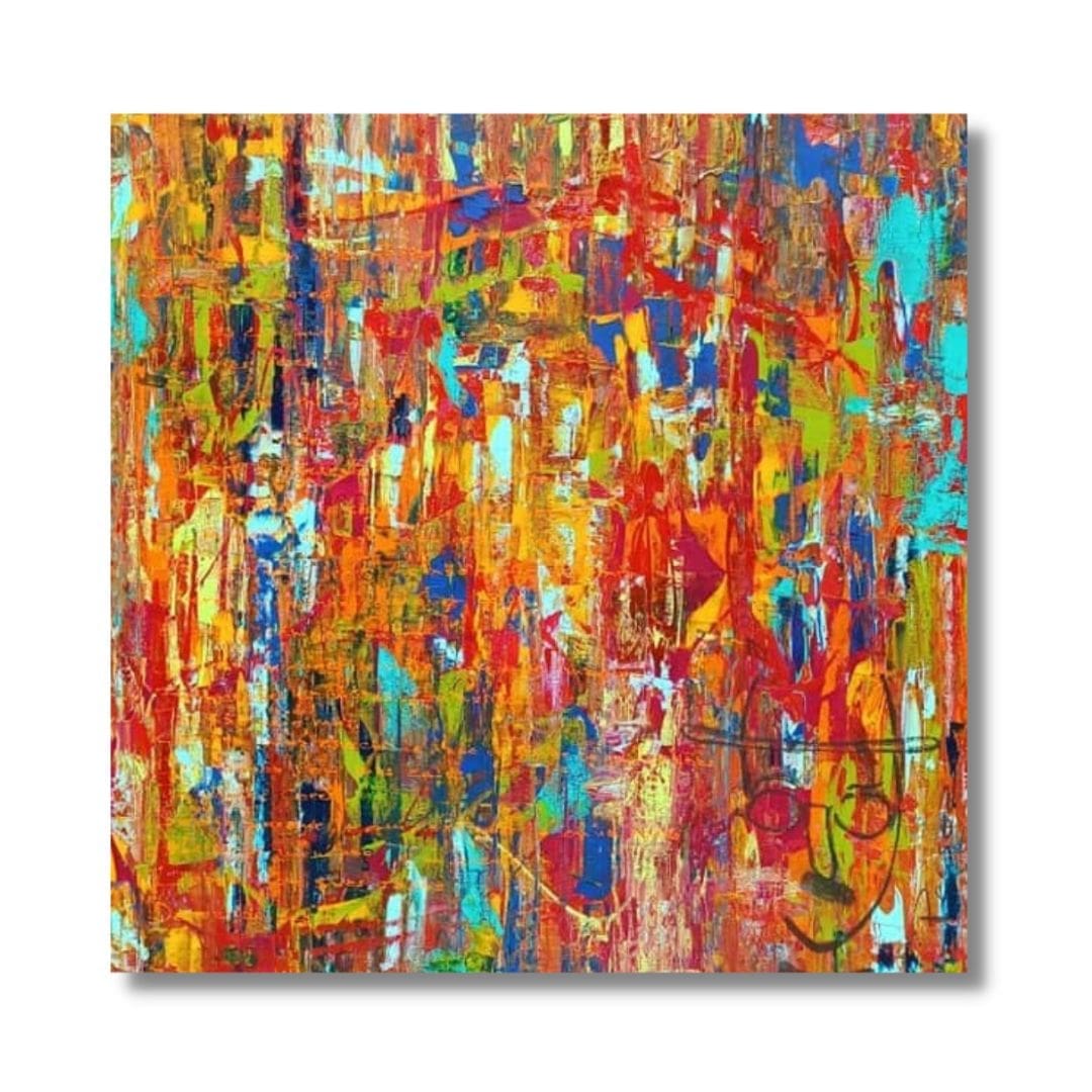  "Lisboa" by Lenon B, a 100 cm x 100 cm abstract painting inspired by the vibrant facades and melancholy of Lisbon.