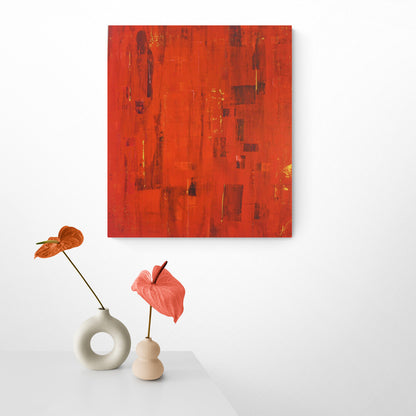 Abstract art "Lovers" by Lenon B celebrating intimacy and passion through deep red hues and abstract forms.