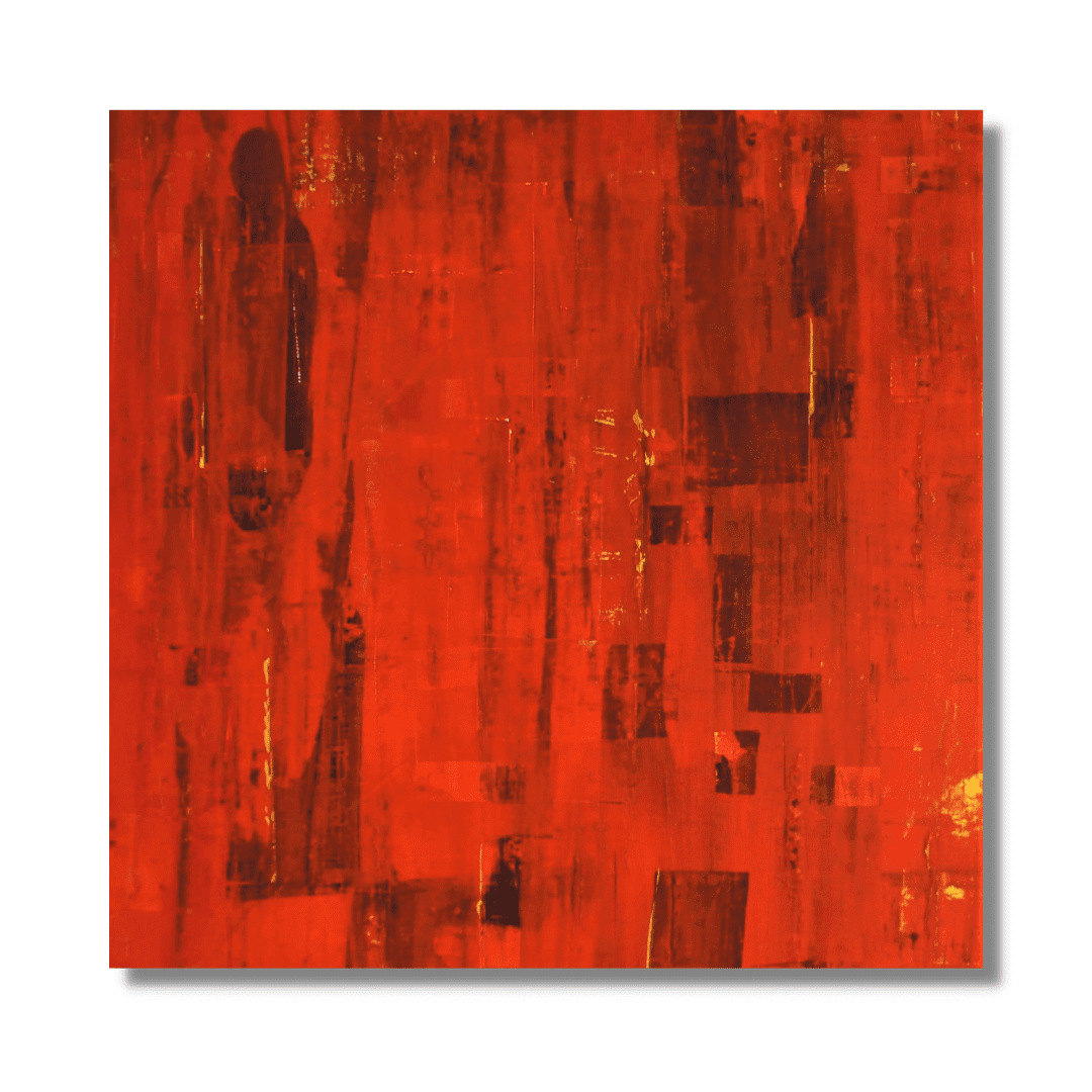 "Lovers" by Lenon B, an abstract painting in deep red tones that captures the essence of passion and love.