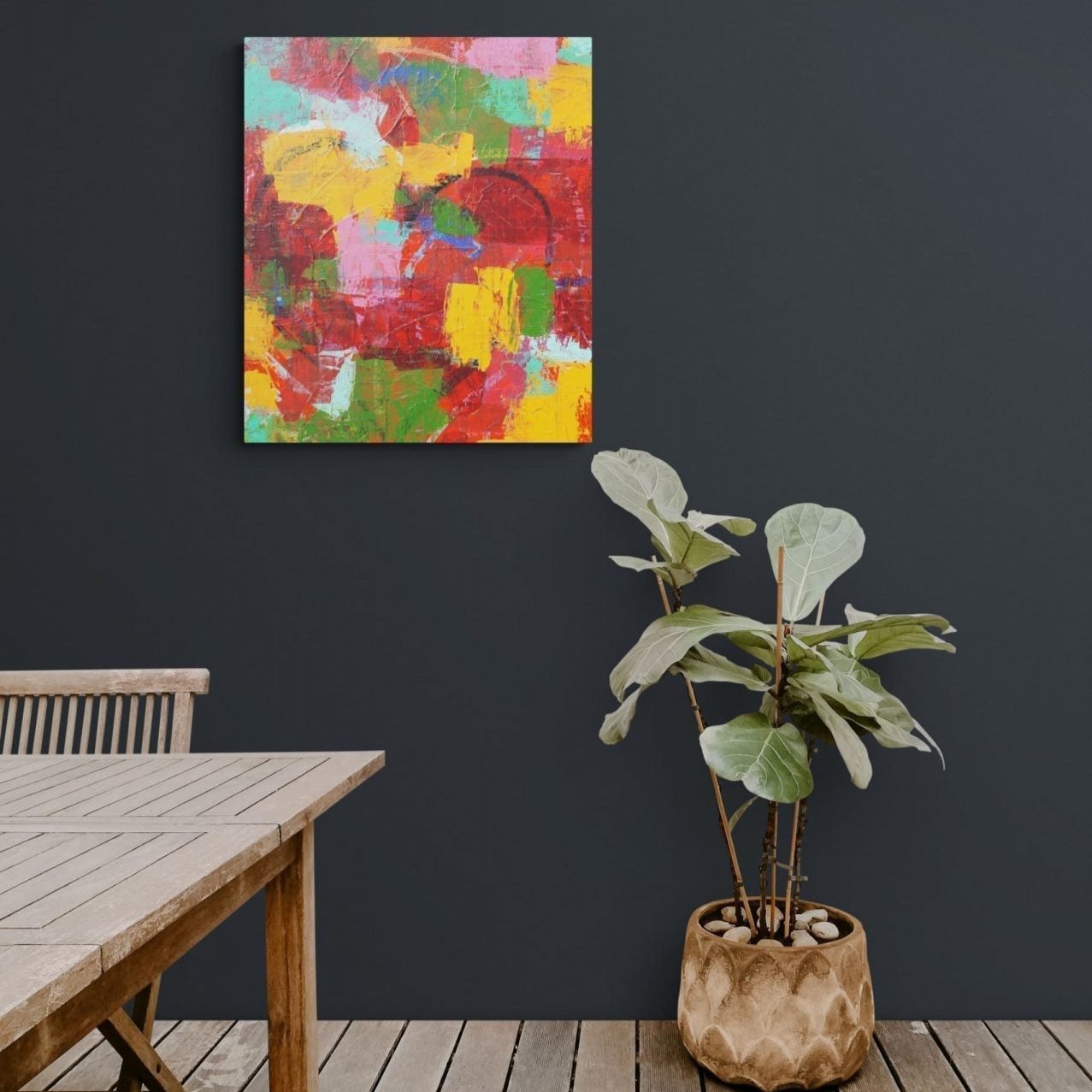 Bright colors and a joyous vibe fill "Lucie," an acrylic artwork by Lenon B, illuminating any space.