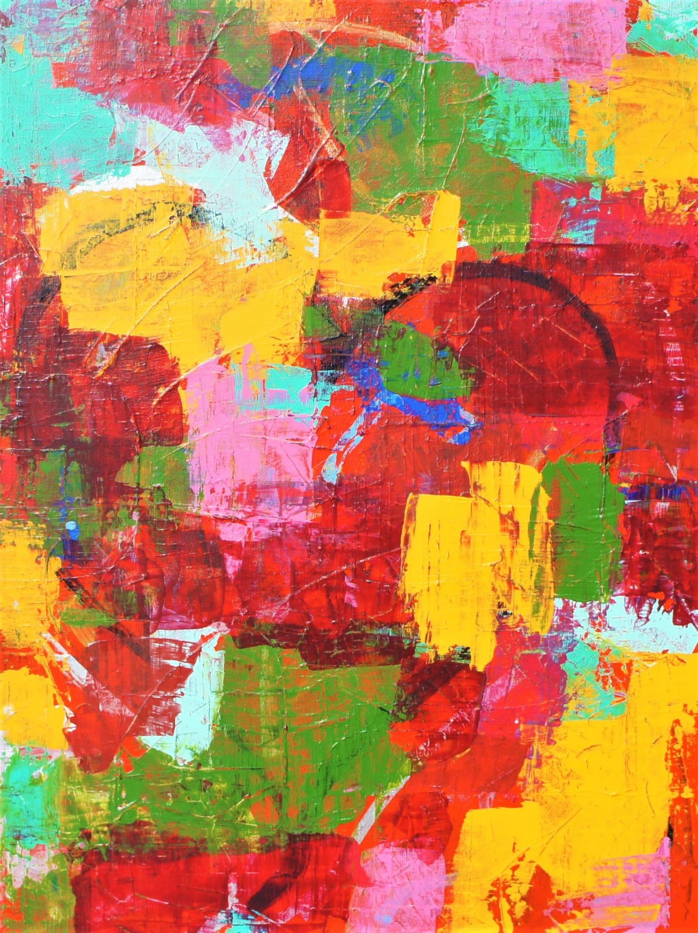 "Lucie" by Lenon B features bright yellow and vibrant pink, creating a dynamic, joyful painting.