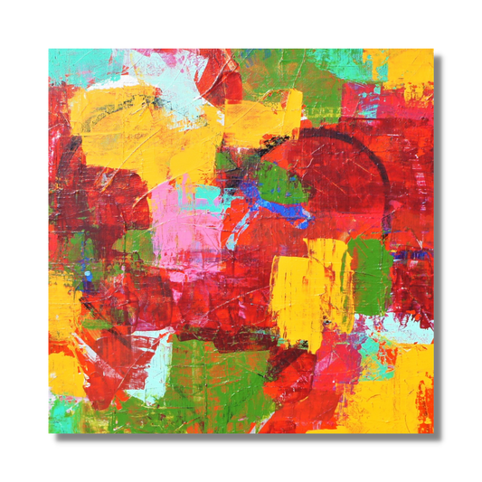 "Lucie" by Lenon B, an acrylic painting bursting with light and color in vibrant tones of yellow, pink, and green.