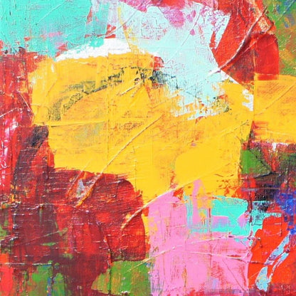 The vibrant energy of happiness radiates from "Lucie," a colorful acrylic painting by Lenon B.