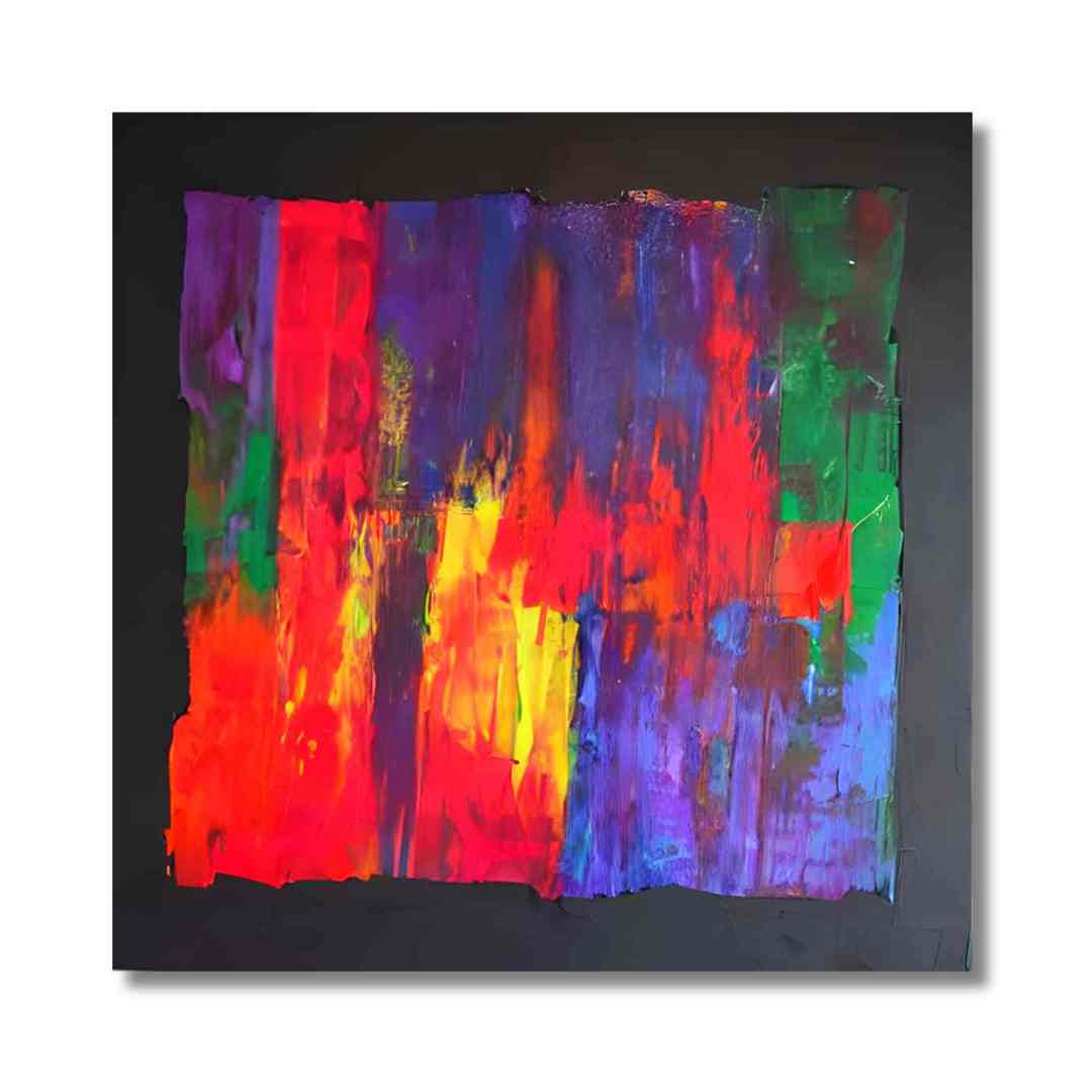  "Magma" by Lenon B, an energetic explosion of color on a deep black acrylic canvas, 80 cm x 80 cm.