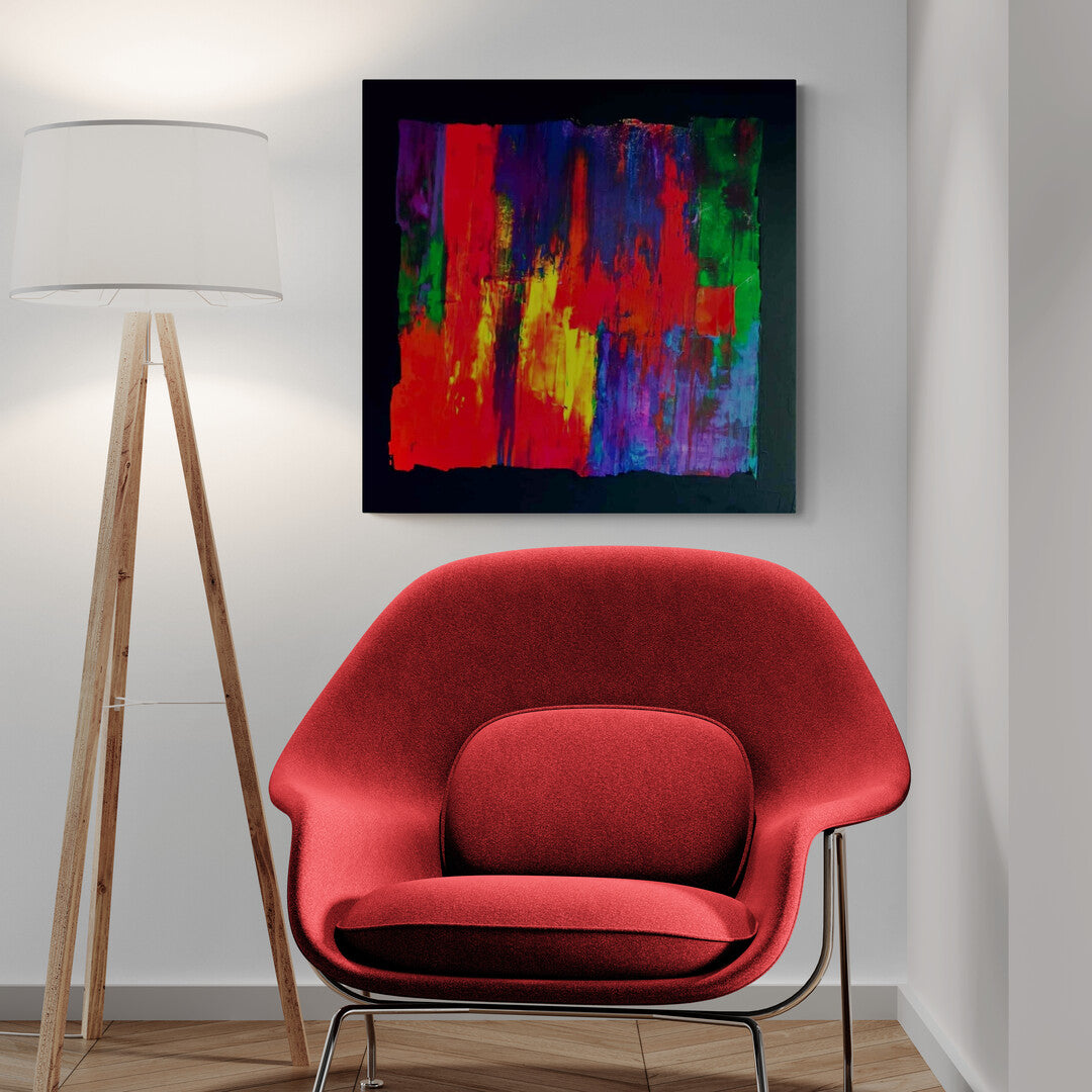 "Magma" by Lenon B features a vibrant dance of colors against a deep black background in acrylic paint.