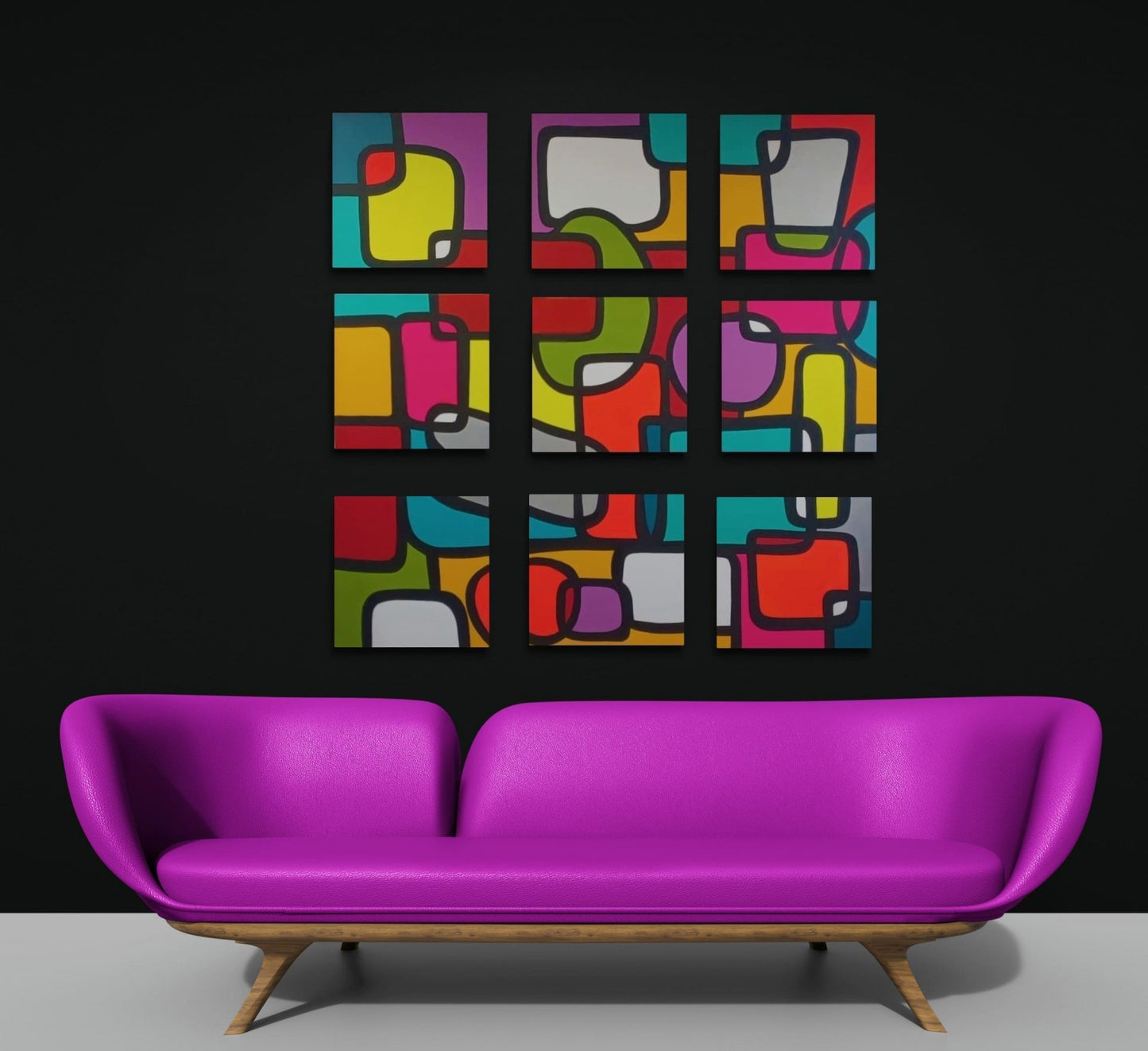 A 9-piece vibrant polyptych on canvas, "Méli Mélo" by Lenon B bursts with joyful fluorescent hues.