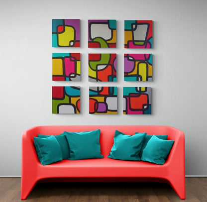 A bright and colorful abstract polyptych, "Méli Mélo" by Lenon B brings dynamic energy to any room.