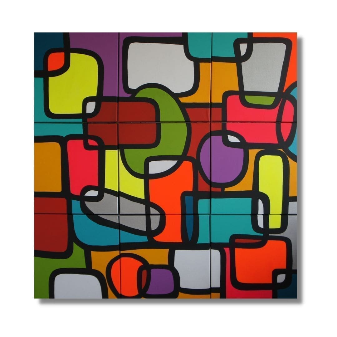 "Méli Mélo" by Lenon B, a colorful polyptych of 9 vibrant canvases with fluorescent tones.