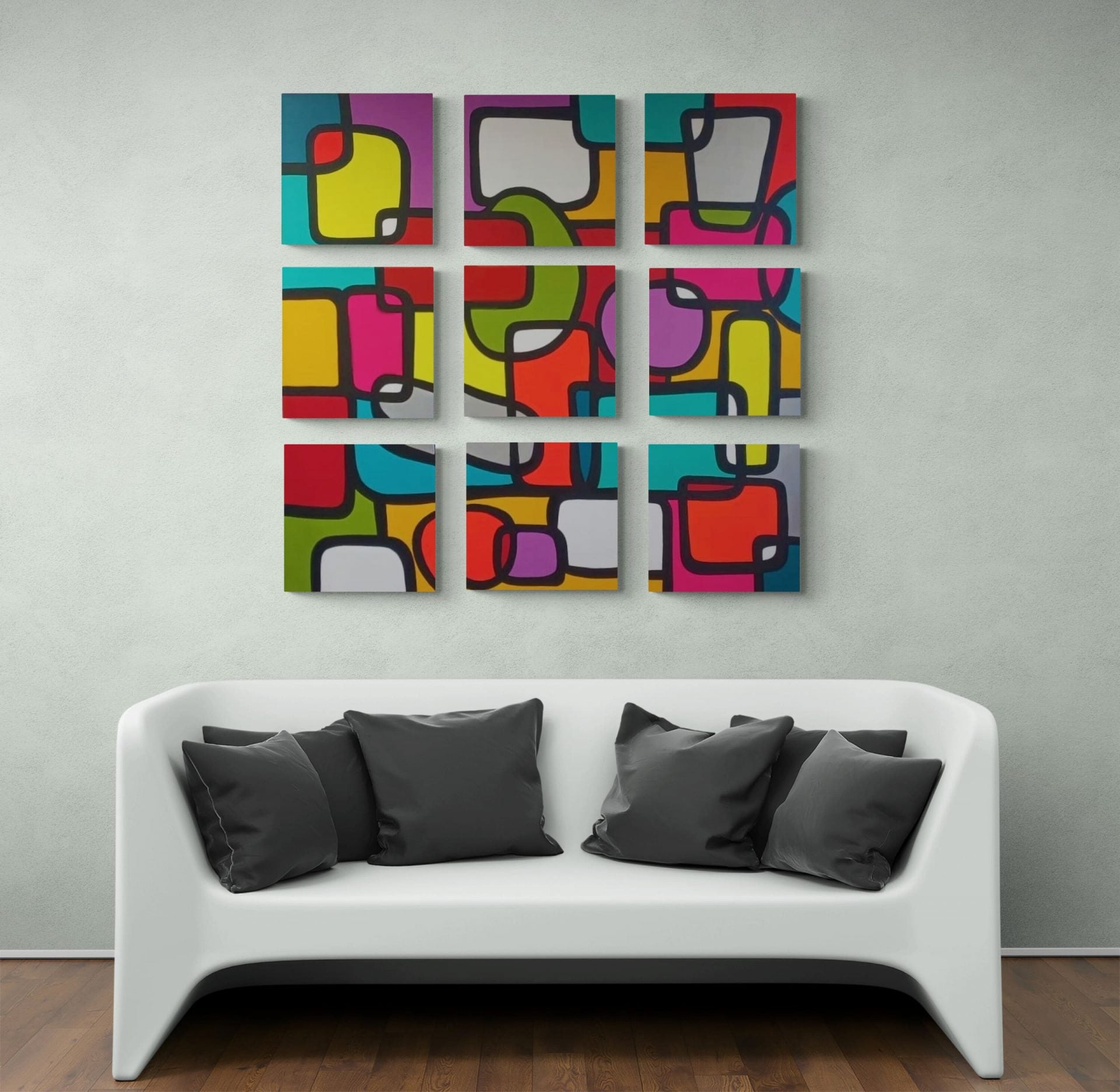 "Méli Mélo" by Lenon B features fluorescent colors in an abstract, 9-piece polyptych.