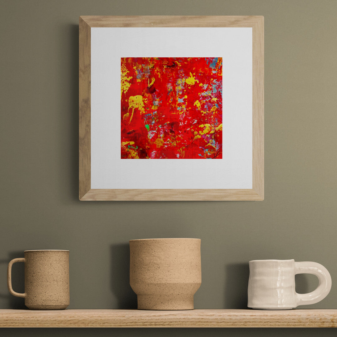 "Mini 1 Rouge" by Lenon B is an original acrylic on canvas in a striking red, framed in a cardboard mat.