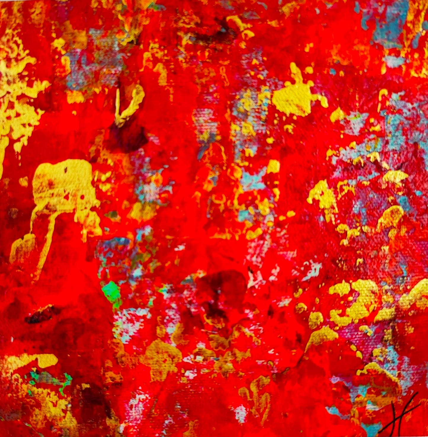 Mini 1 Rouge" by Lenon B is a small acrylic painting with bright red hues, perfect for creating a personal gallery.