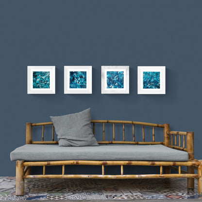 A small acrylic artwork on canvas, "Mini Bleu" by Lenon B features tranquil blue tones.