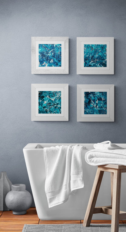 "Mini Bleu" by Lenon B is a small-format acrylic painting with soothing blue tones, perfect for framing.