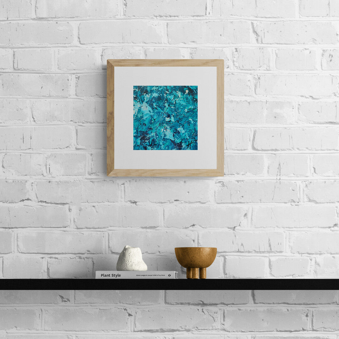 "Mini Bleu" by Lenon B, a serene small canvas artwork featuring deep blue hues.