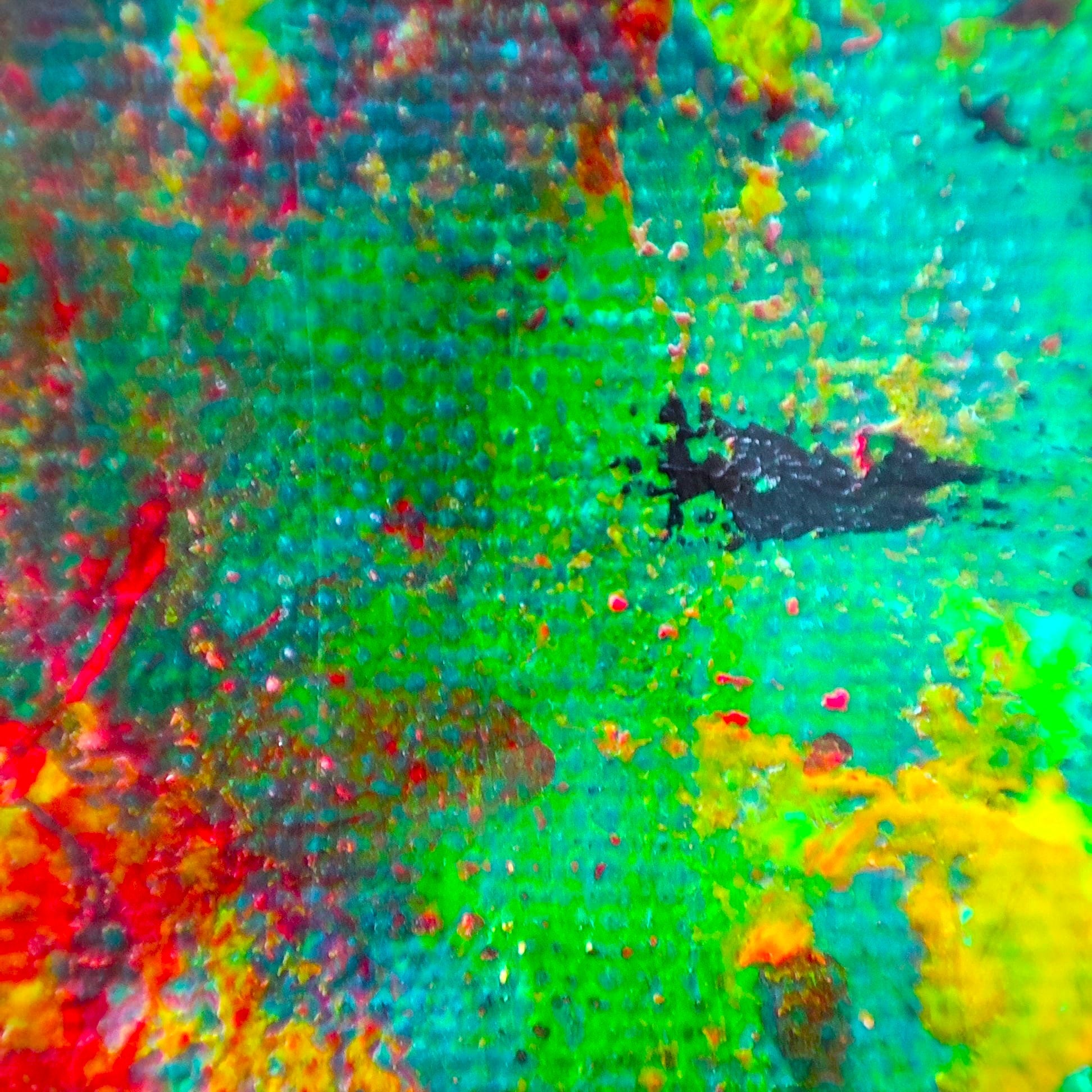 "Mini Vert" by Lenon B is a small canvas artwork with a burst of vibrant green, yellow, and red tones.