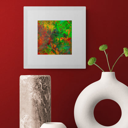 "Mini Vert" by Lenon B, a colorful garden-inspired painting in greens, yellows, and reds.