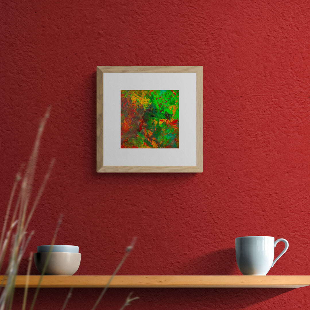 "Mini Vert" by Lenon B is a small acrylic painting with vibrant green, red, and yellow accents, inspired by nature.