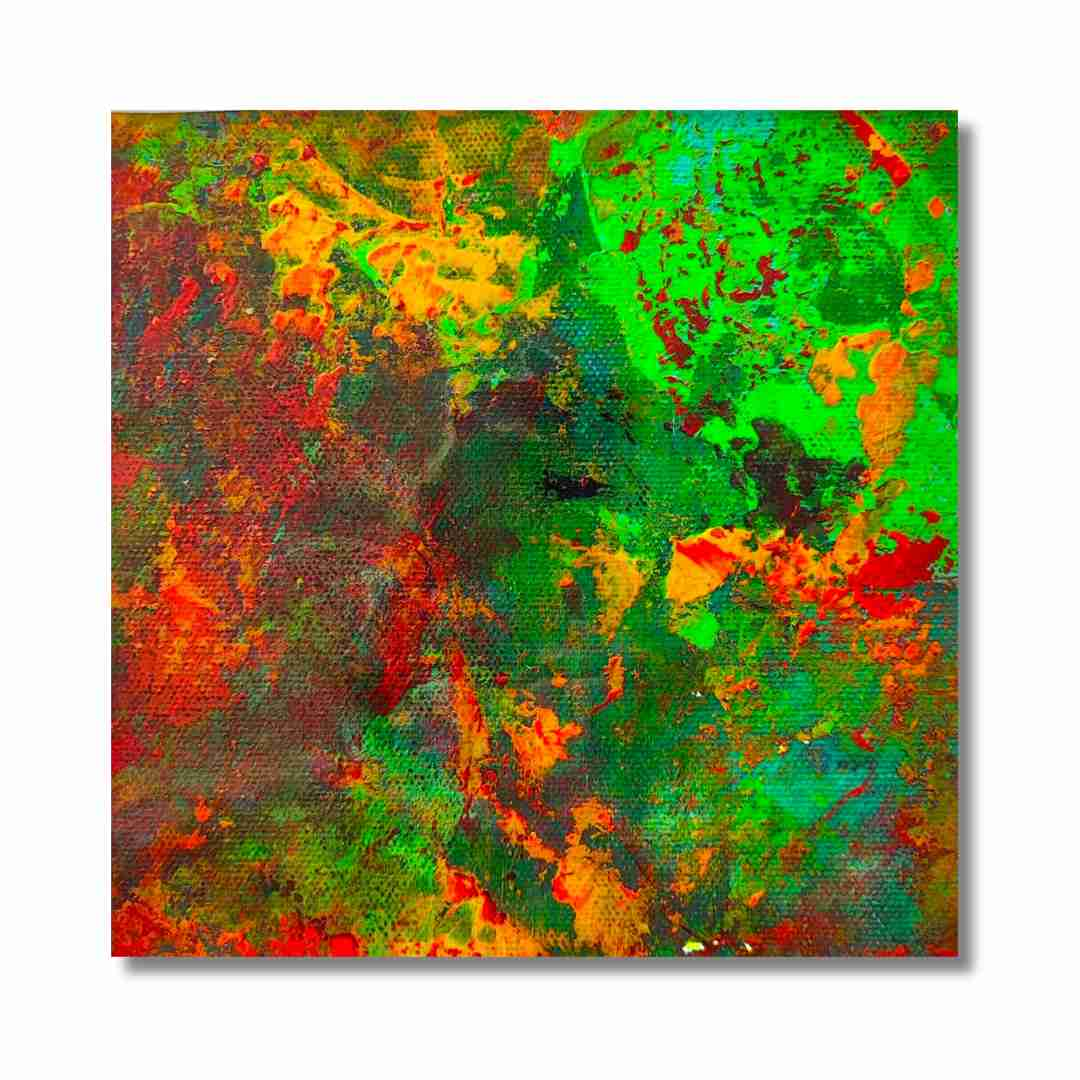 "Mini Vert" by Lenon B is a small colorful impressionist-inspired painting in green, yellow, and red.