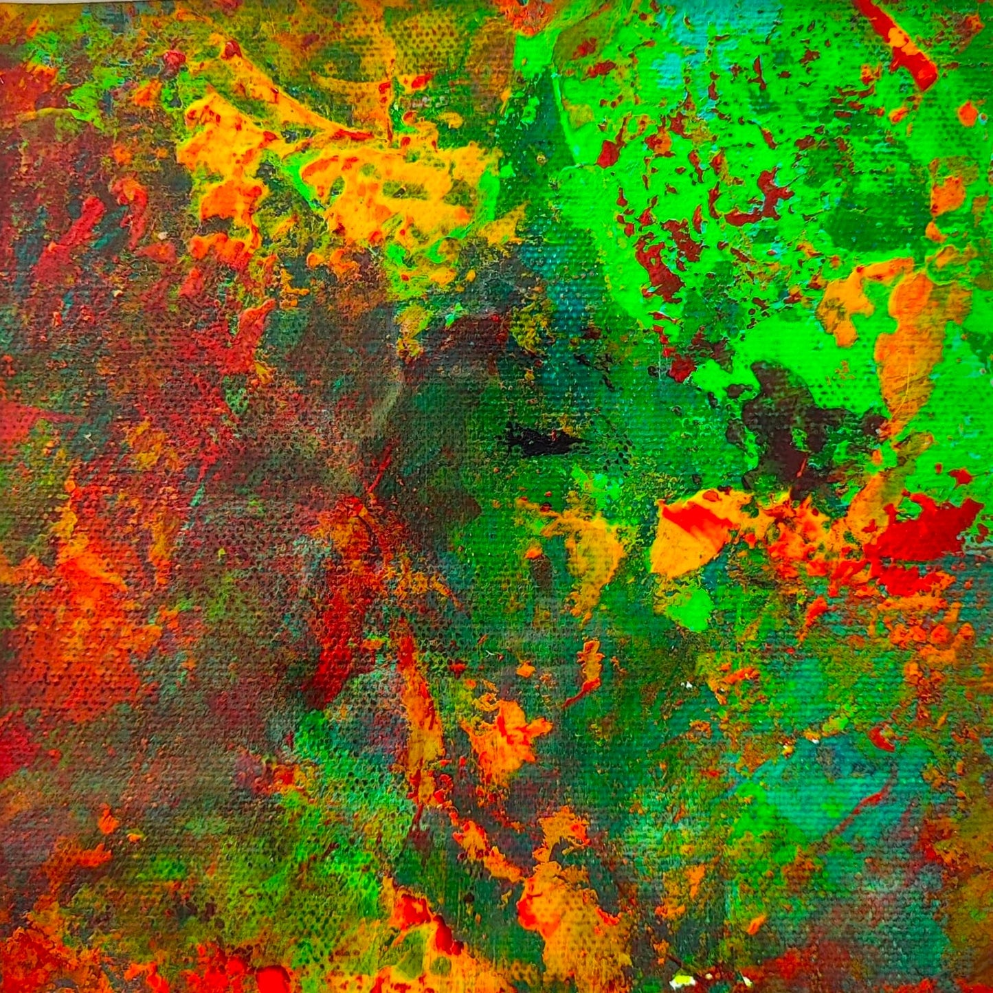 "Mini Vert" by Lenon B, a small-format acrylic artwork inspired by Monet, featuring green, yellow, red, and blue hues.