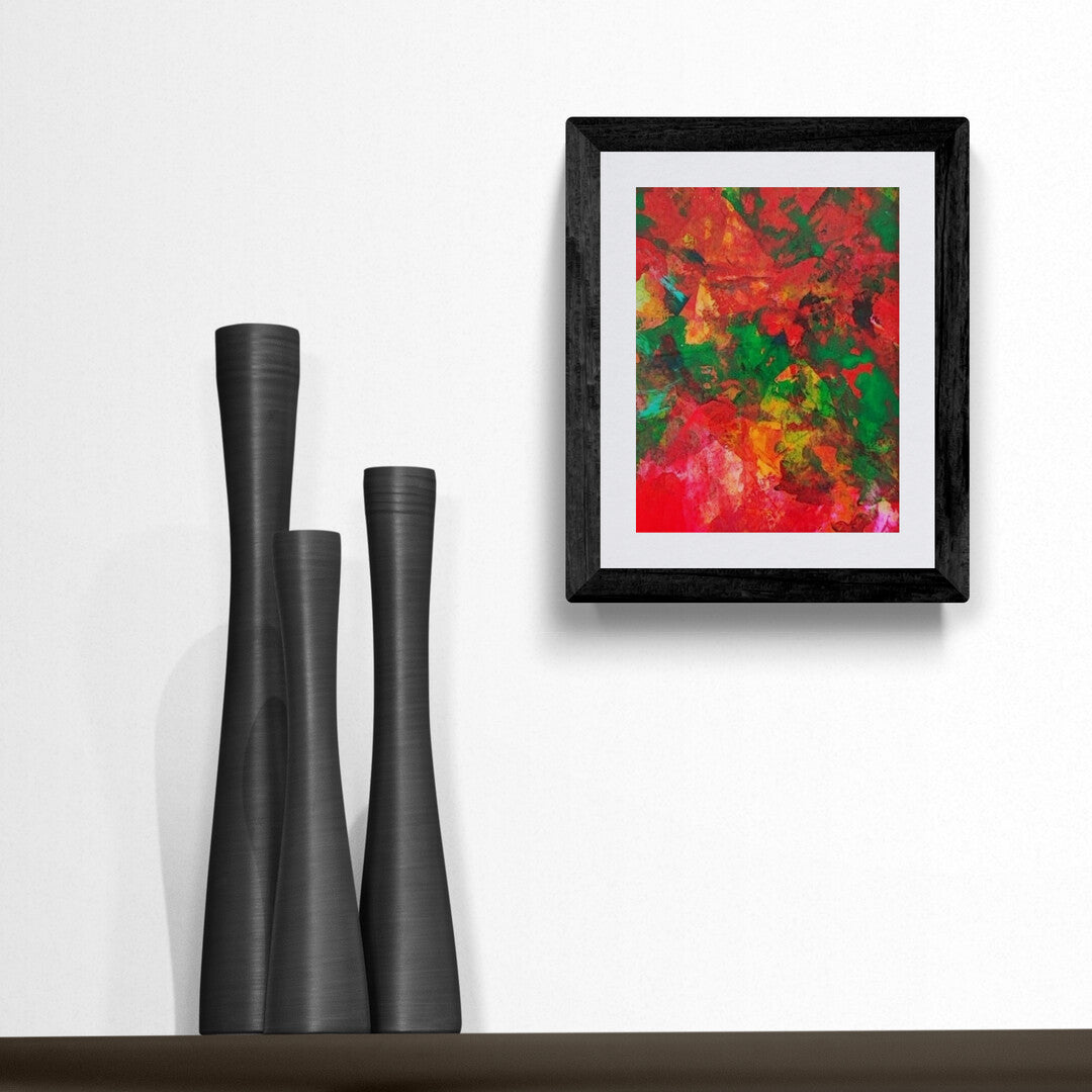 Modern abstract art by Lenon B featuring red and pink tones, framed in black