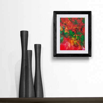 Modern abstract art by Lenon B featuring red and pink tones, framed in black