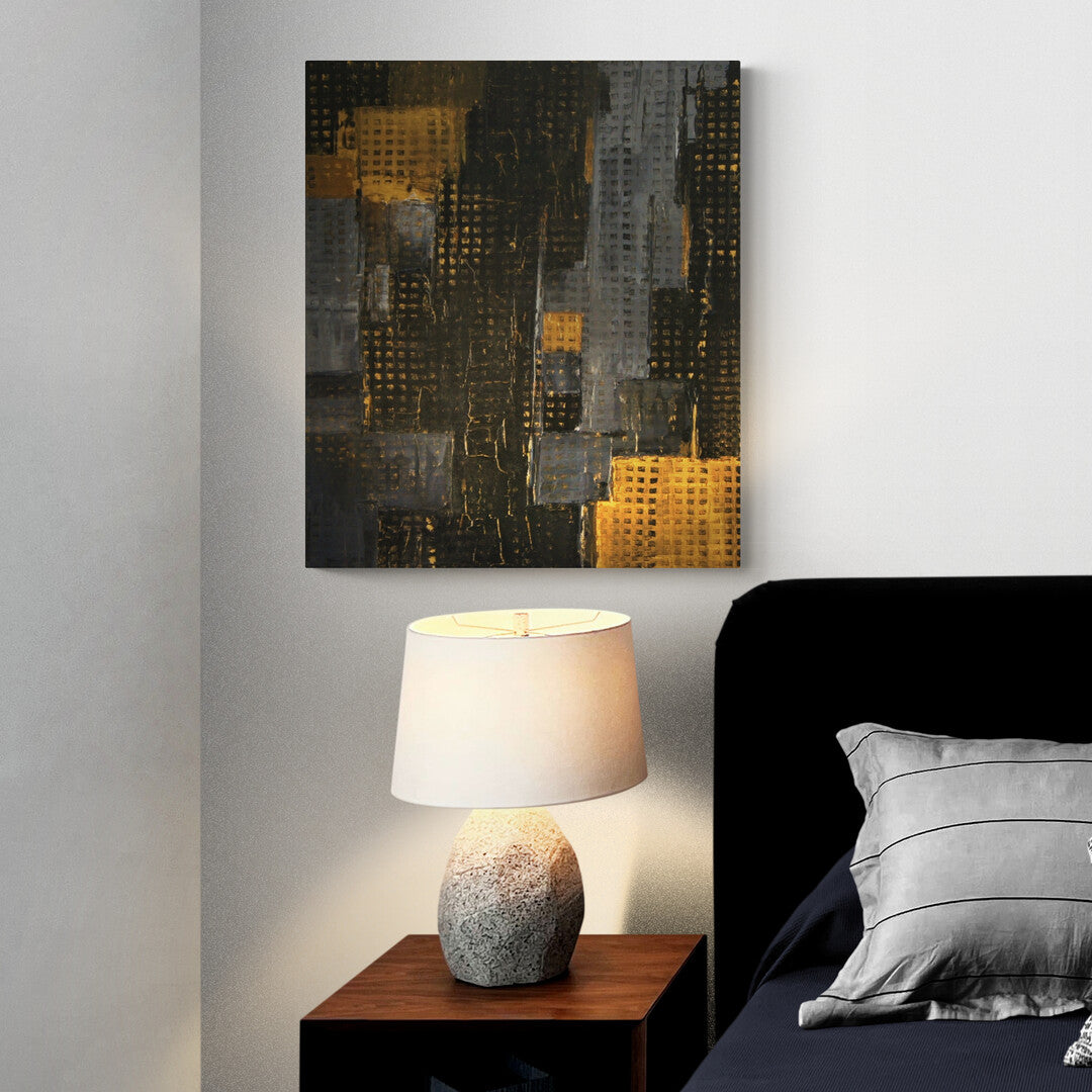 "NYC" by Lenon B, a striking urban painting featuring golden touches representing the life within the iconic buildings of New York City.