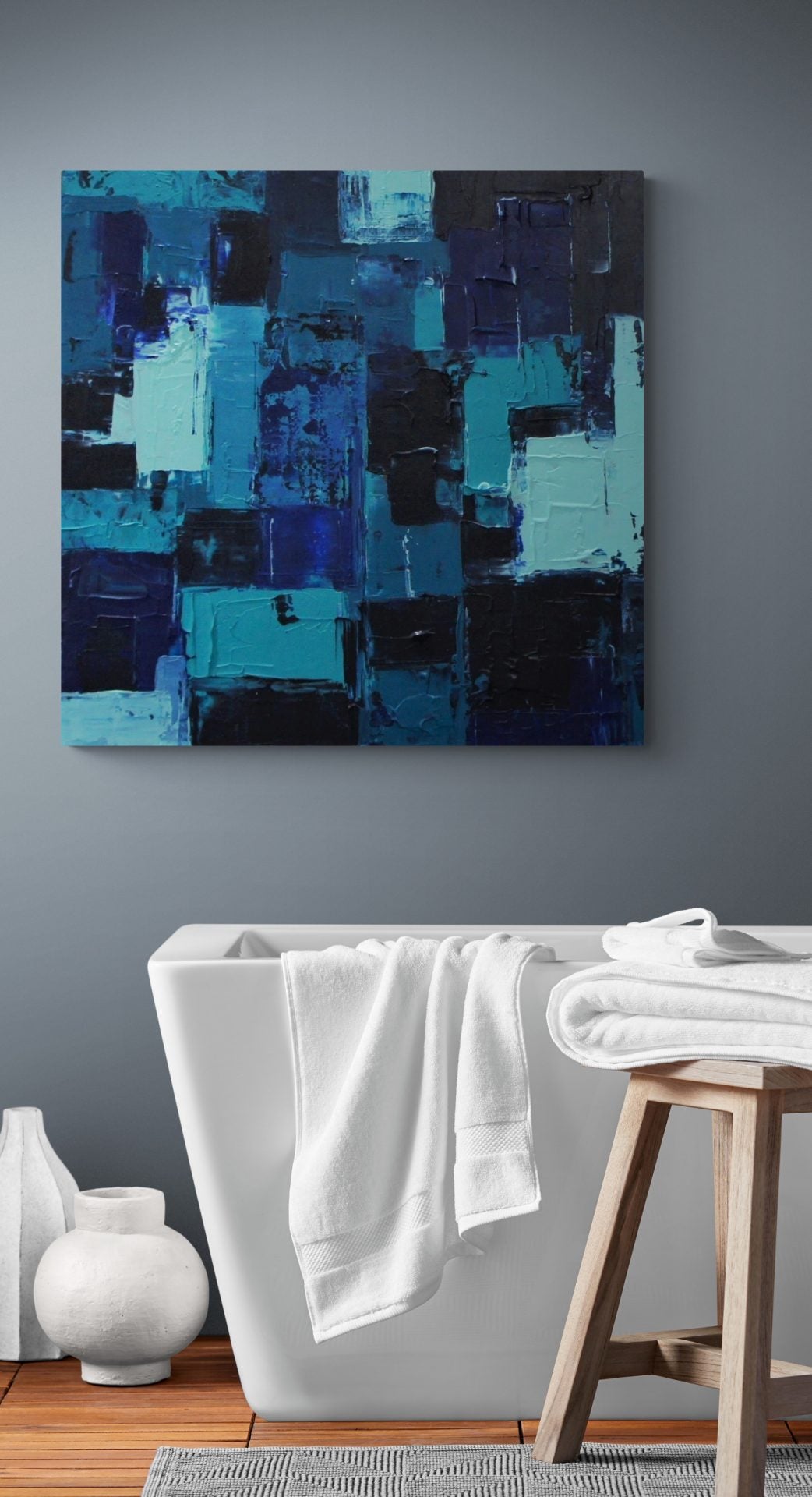 "Naxos" by Lenon B, a medium-sized acrylic painting featuring calm blue hues inspired by the Mediterranean sea.