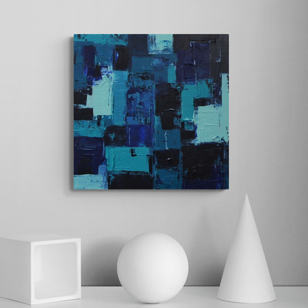 "Naxos" by Lenon B is a calming acrylic painting with deep blues and turquoise hues inspired by Mediterranean seascapes.