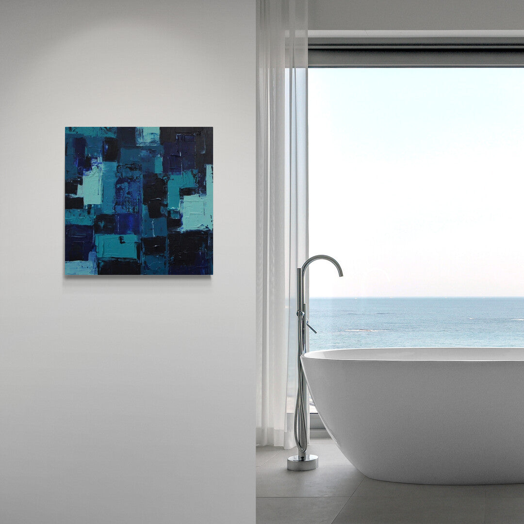 "Naxos" by Lenon B, a Mediterranean seascape painted in vibrant shades of blue, offering a calming presence.