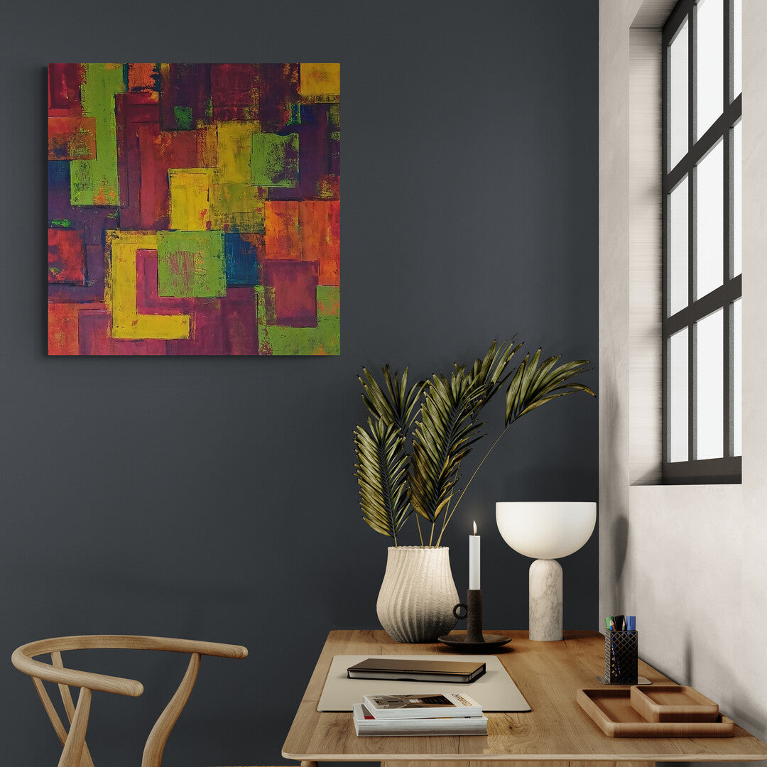 "Never Give Up" by Lenon B, an acrylic painting that symbolizes life’s challenges and triumphs through a colorful maze.