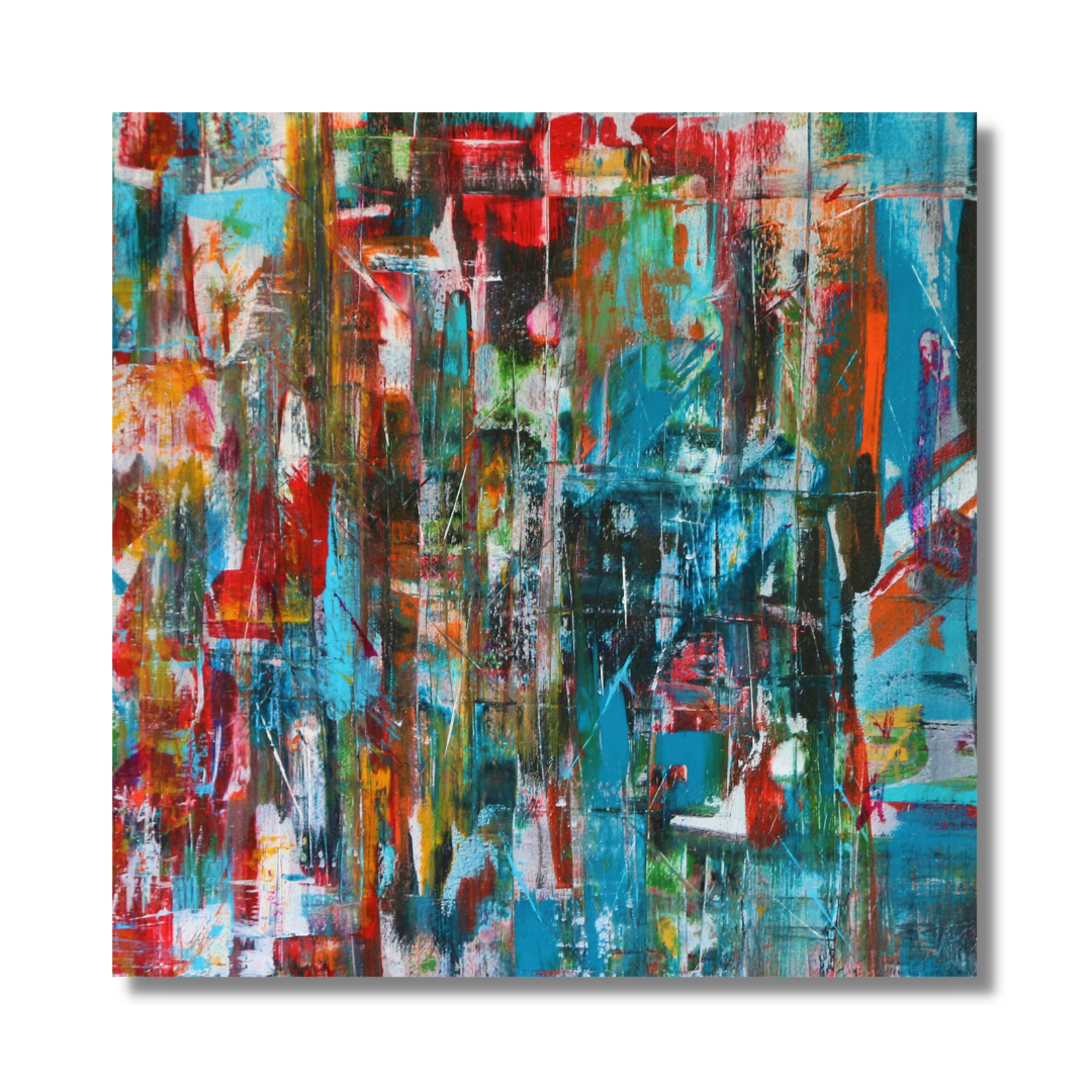 "No Name" by Lenon B, a large abstract acrylic painting filled with vibrant layers of color and emotional depth.