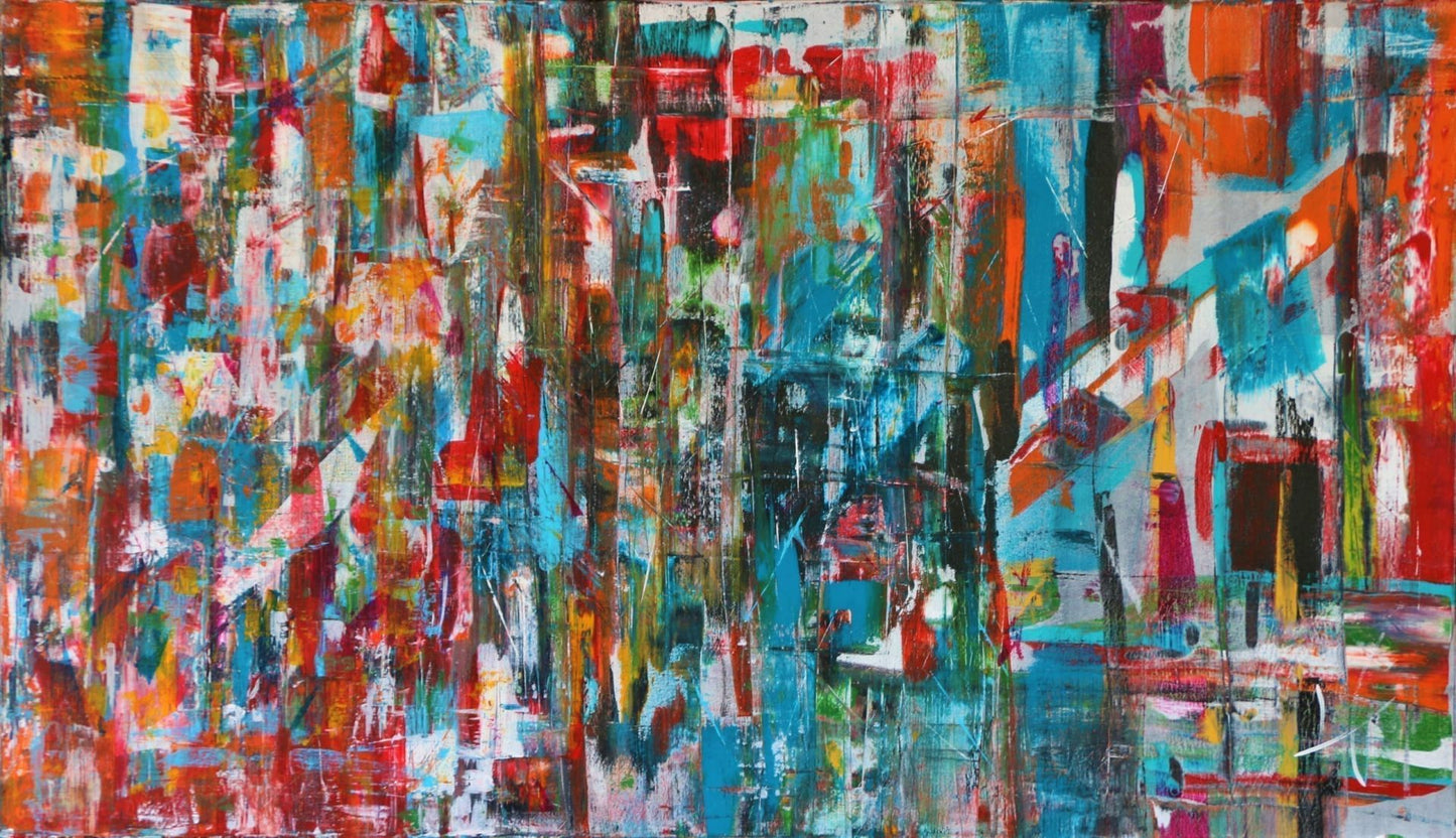 "No Name" by Lenon B, a captivating abstract work dominated by blue and red tones, revealing hidden forms and emotions.