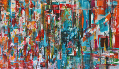 "No Name" by Lenon B, a captivating abstract work dominated by blue and red tones, revealing hidden forms and emotions.