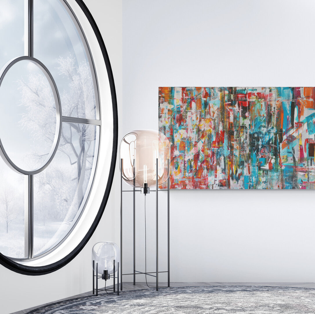 "No Name" by Lenon B, a large abstract acrylic painting that explores color and emotion through layered hues.