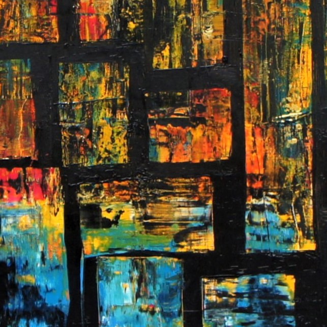 "Notre-Dame de Paris" by Lenon B, an abstract acrylic artwork filled with colorful panes representing the light and history of the cathedral.