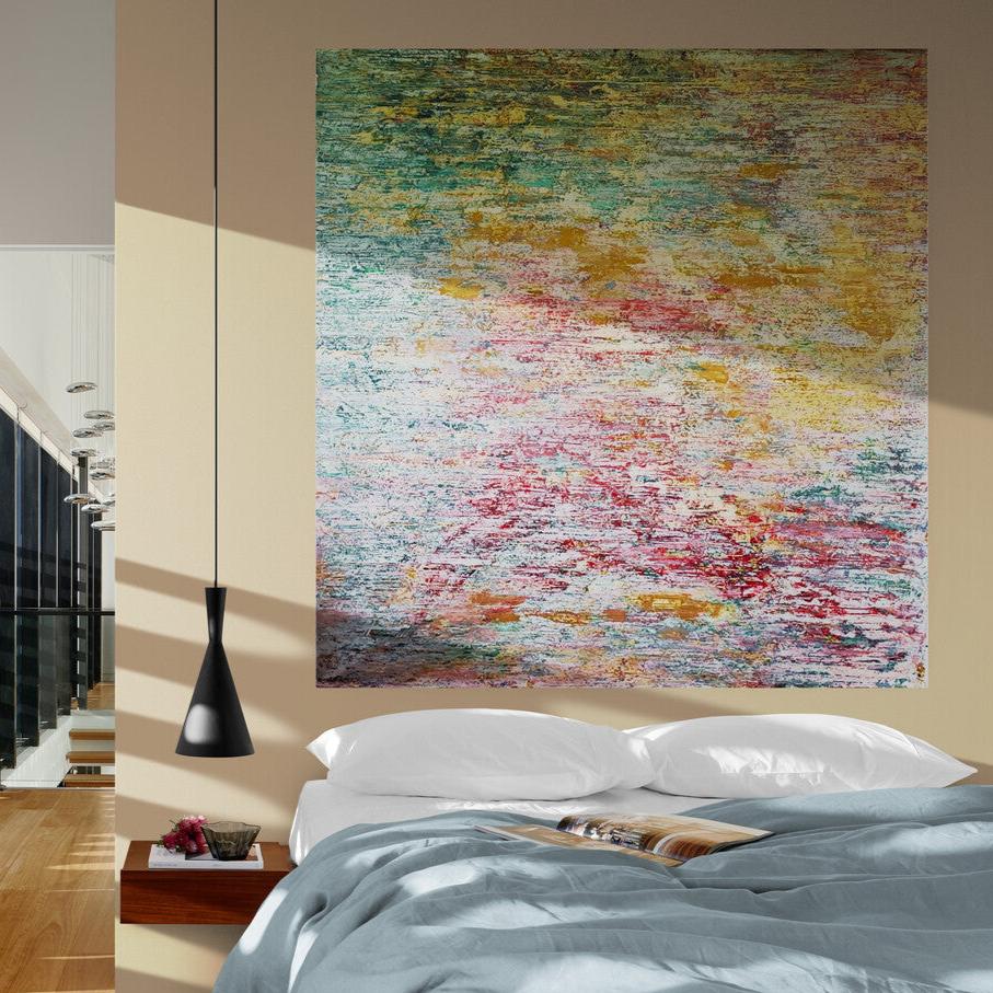 "Nymphéas" by Lenon B, an abstract canvas in large format, blending soft tones of green, pink, and yellow to create a peaceful and contemplative space.