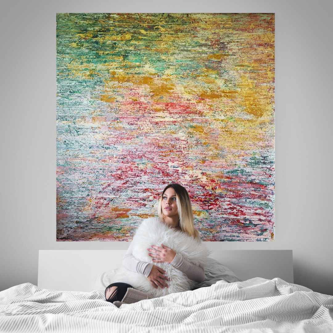 "Nymphéas" by Lenon B, a large abstract painting capturing the poetic movement of light and water reflections in calming shades of green, pink, and yellow.