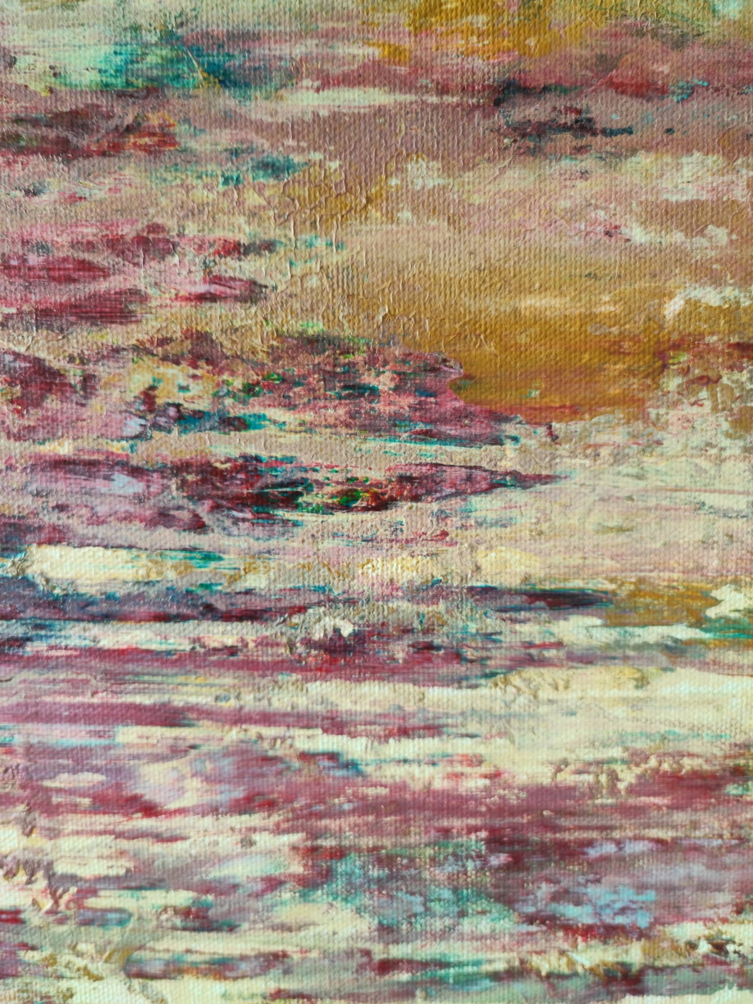 "Nymphéas" by Lenon B, an abstract impressionist painting that captures the tranquility of water and nature, with soft brushstrokes and a peaceful palette.